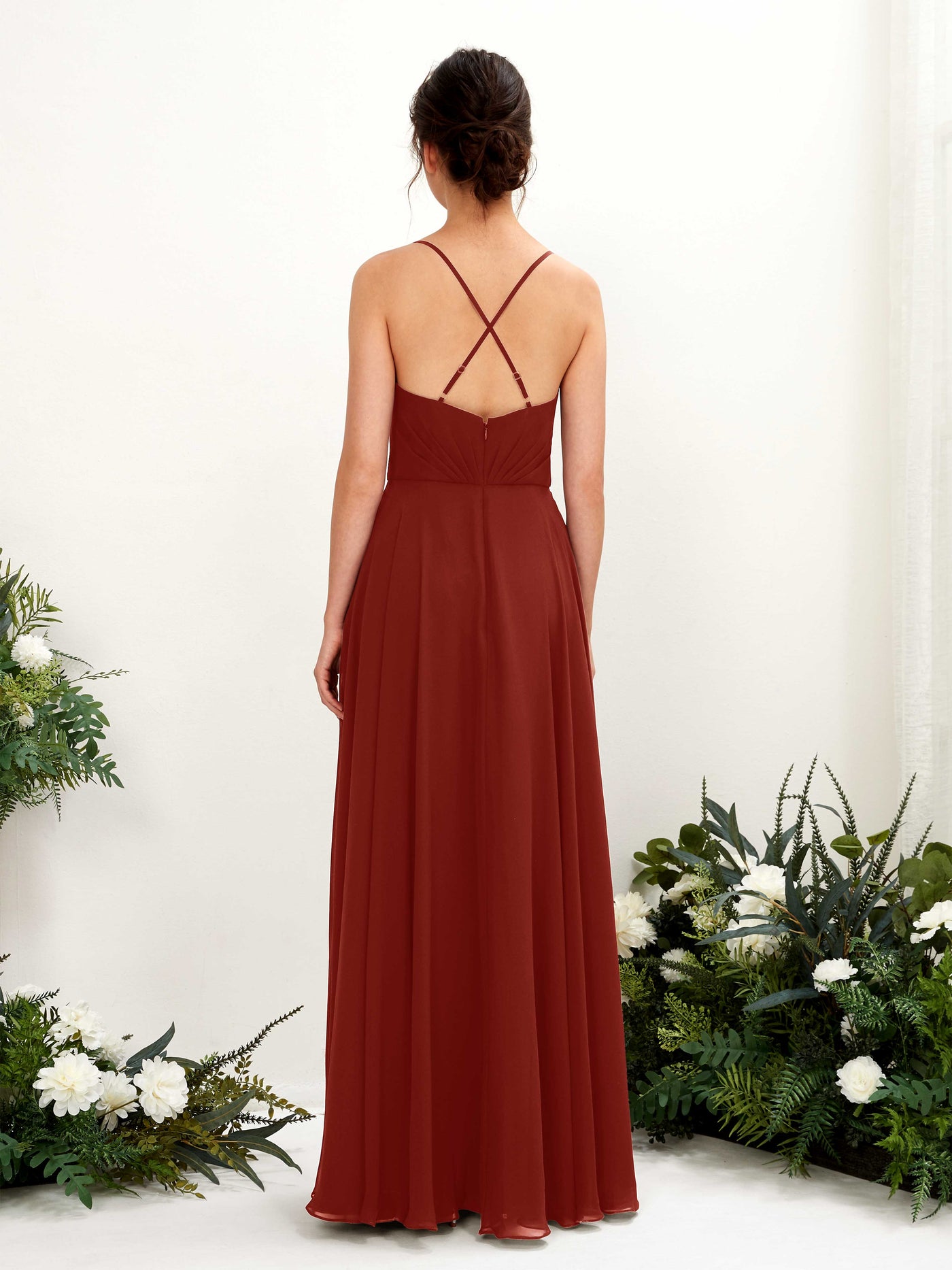 Spaghetti-straps V-neck Sleeveless Bridesmaid Dress - Rust (81224219)#color_rust