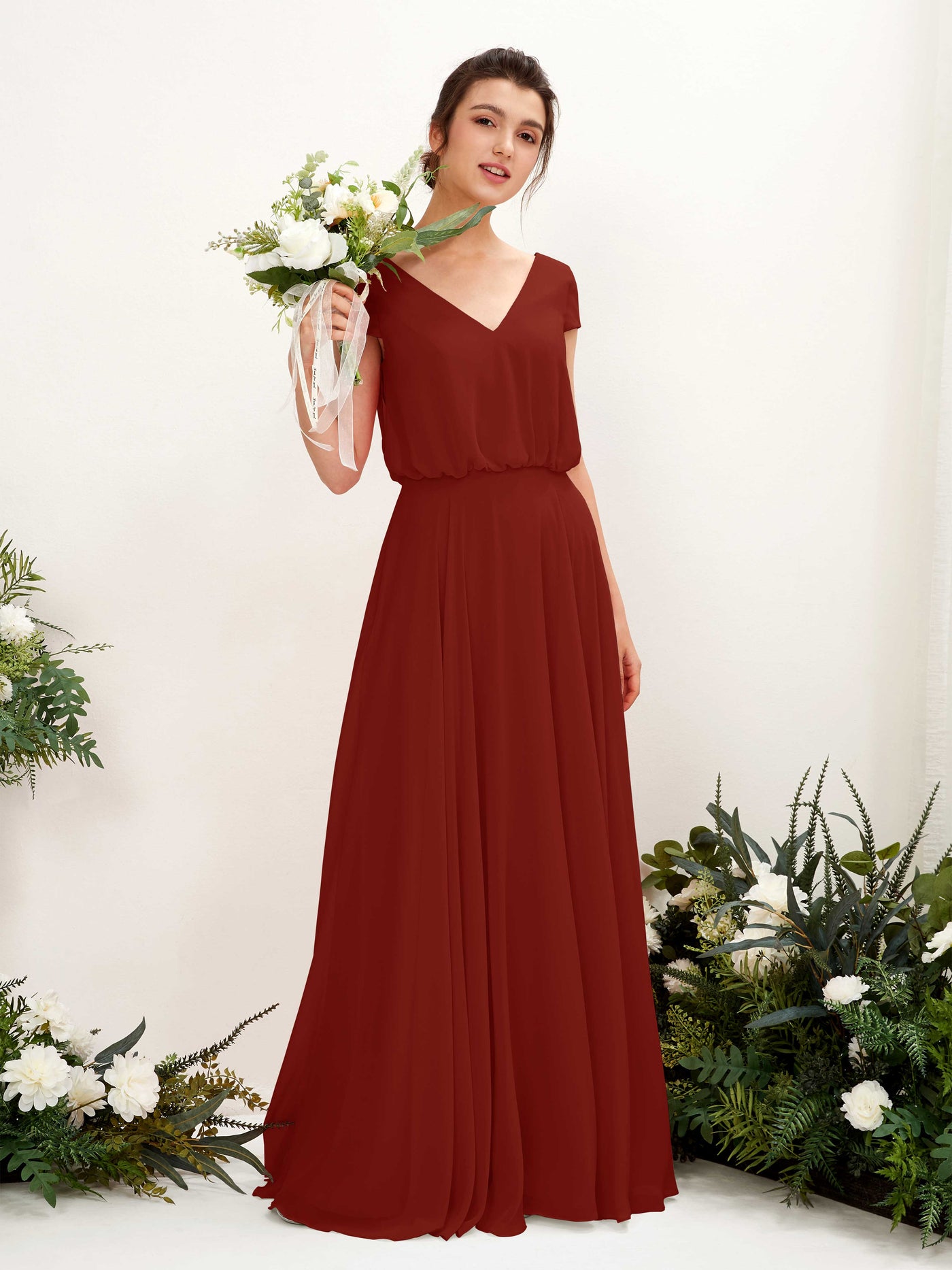 V-neck Cap Sleeves Chiffon Bridesmaid Dress - Rust (81221819)#color_rust