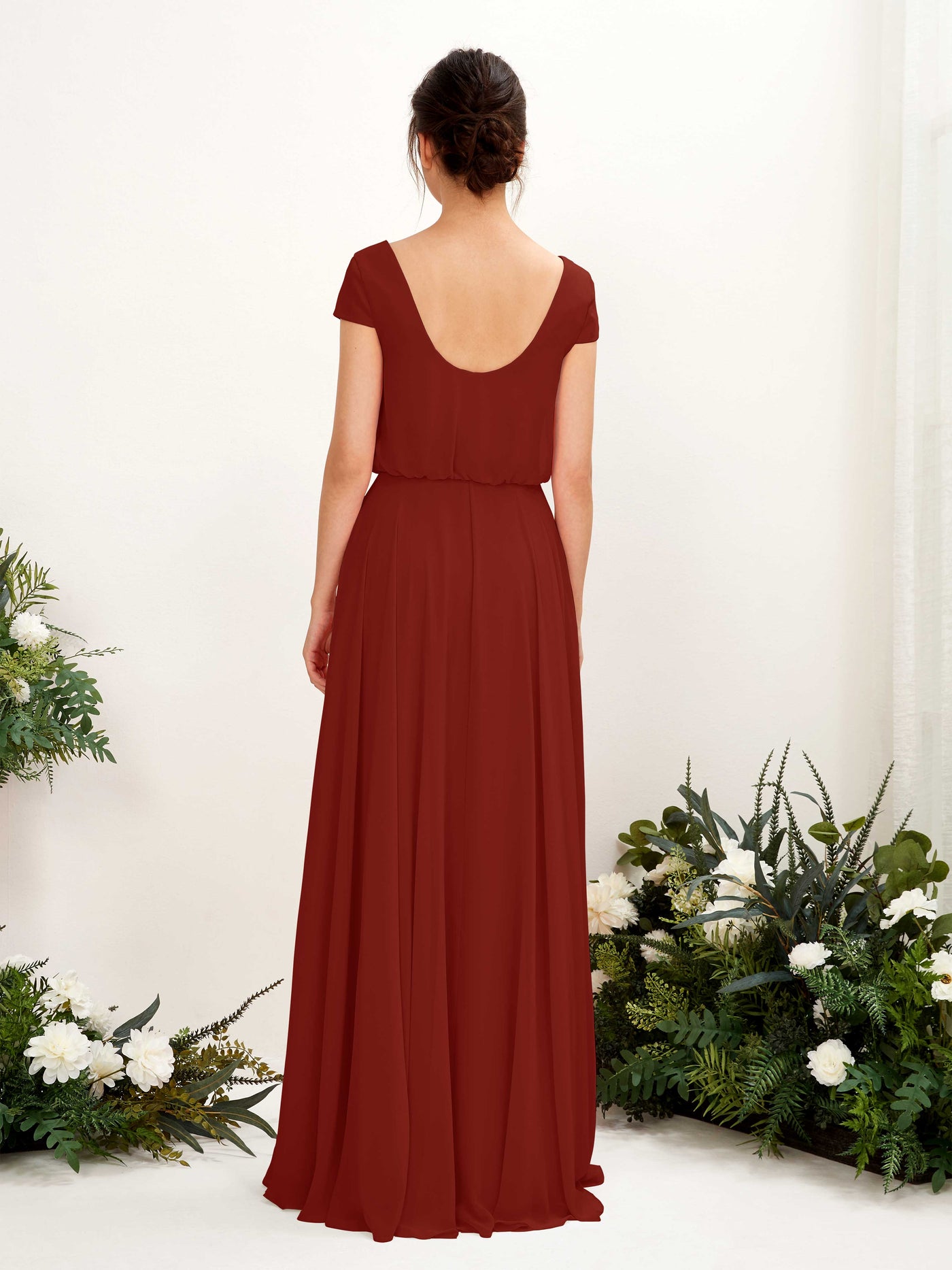V-neck Cap Sleeves Chiffon Bridesmaid Dress - Rust (81221819)#color_rust