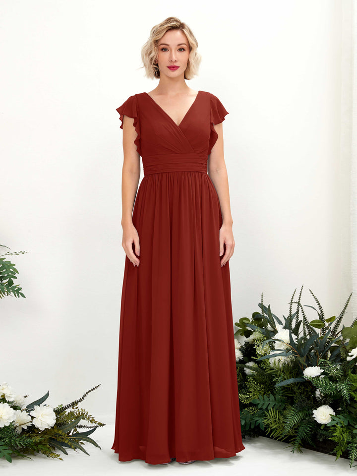 V-neck Short Sleeves Chiffon Bridesmaid Dress - Rust (81222719)