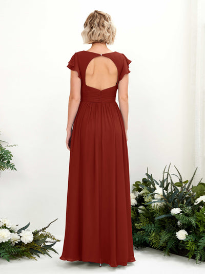 Carlyna Grino A-Line Rust Bridesmaid Dress Maxi Cap Sleeve V-Neck Dress Back View #color_rust