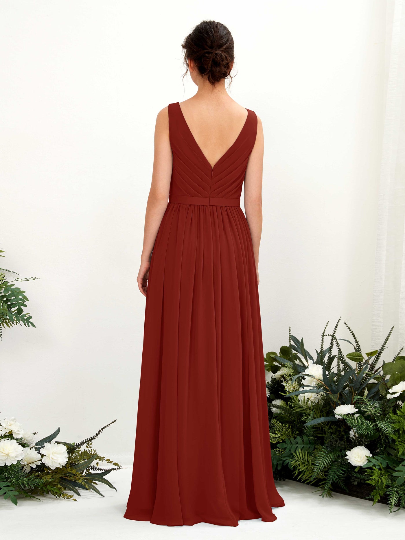 V-neck Sleeveless Chiffon Bridesmaid Dress - Rust (81223619)#color_rust
