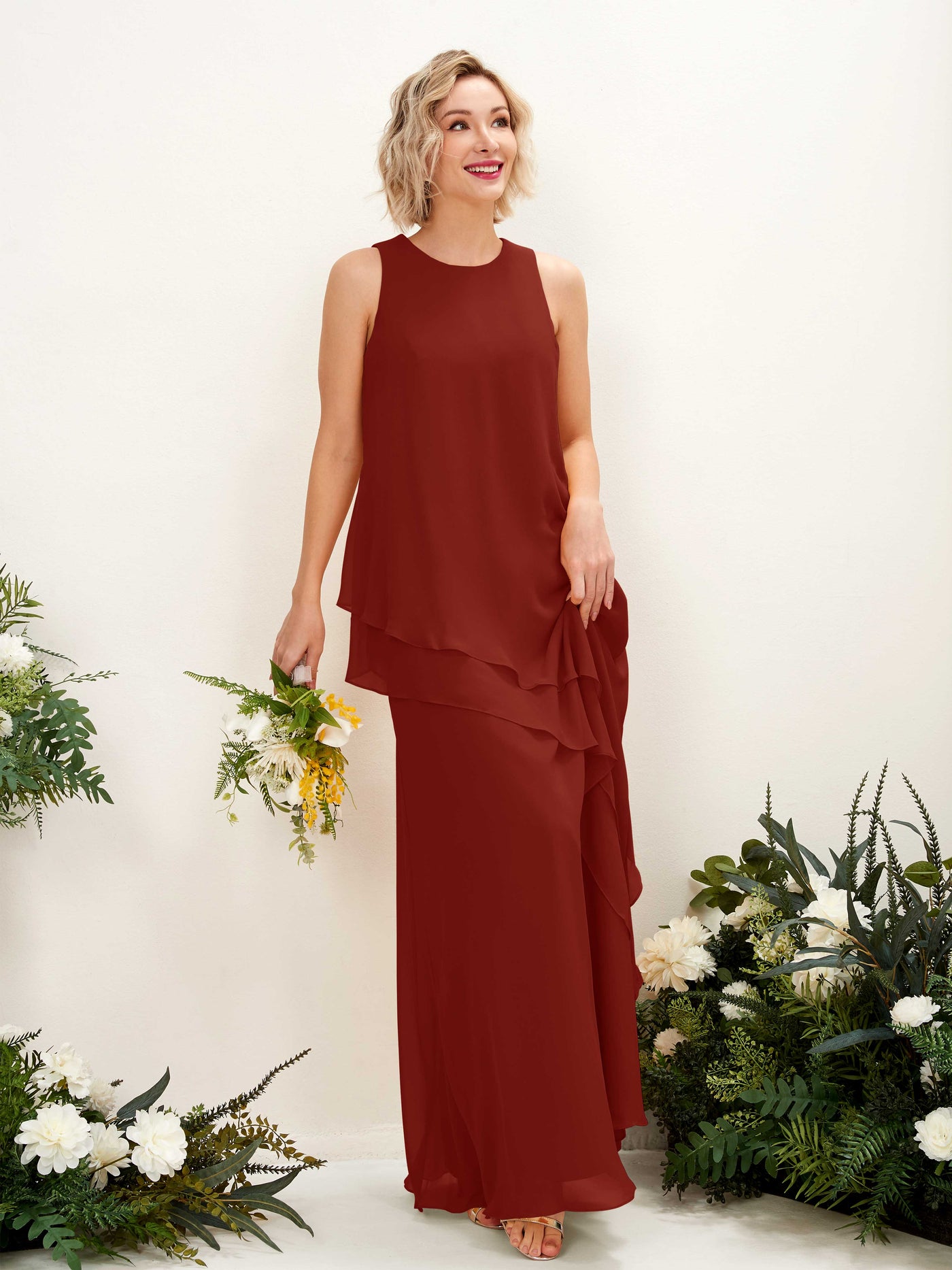 Round Sleeveless Chiffon Bridesmaid Dress - Rust (81222319)#color_rust