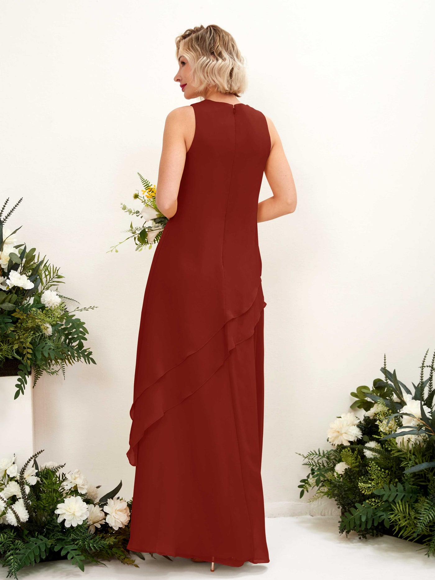 Round Sleeveless Chiffon Bridesmaid Dress - Rust (81222319)#color_rust
