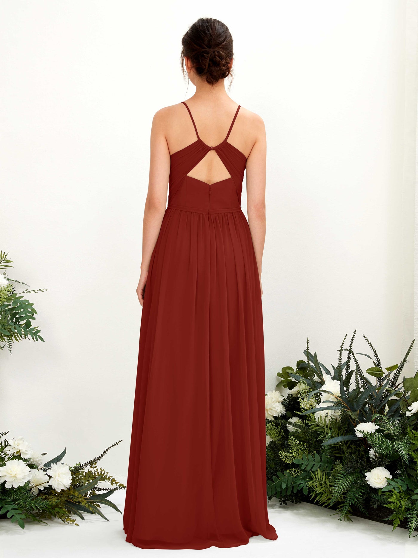 Spaghetti-straps V-neck Chiffon Bridesmaid Dress - Rust (81221419)#color_rust
