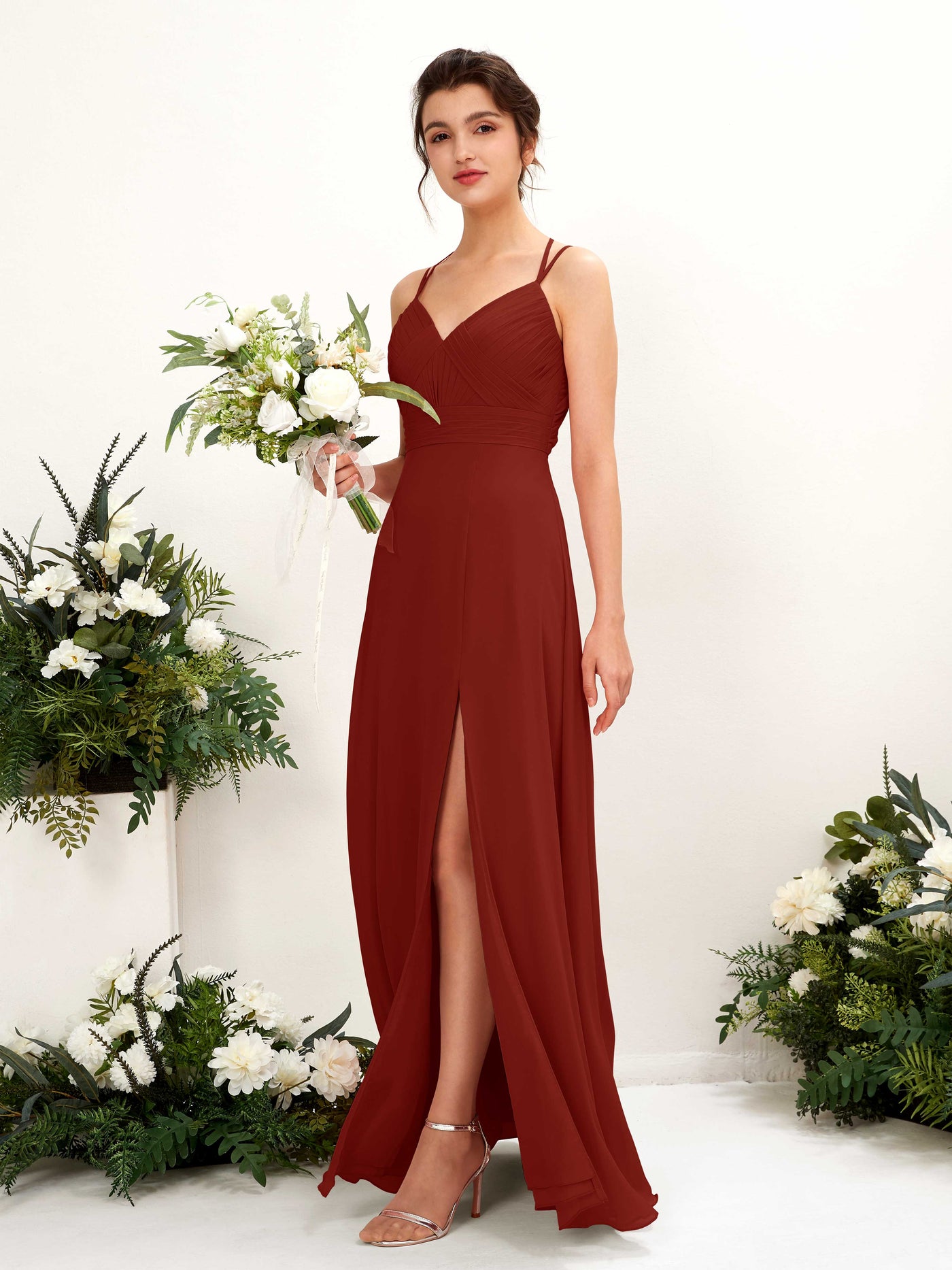 Straps V-neck Sleeveless Chiffon Bridesmaid Dress - Rust (81225419)#color_rust