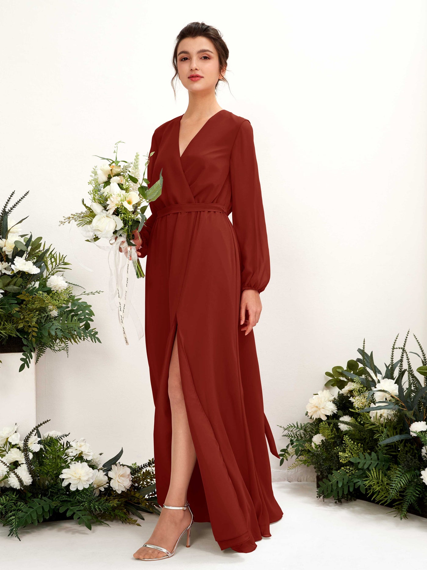 V-neck Long Sleeves Chiffon Bridesmaid Dress - Rust (81223219)#color_rust