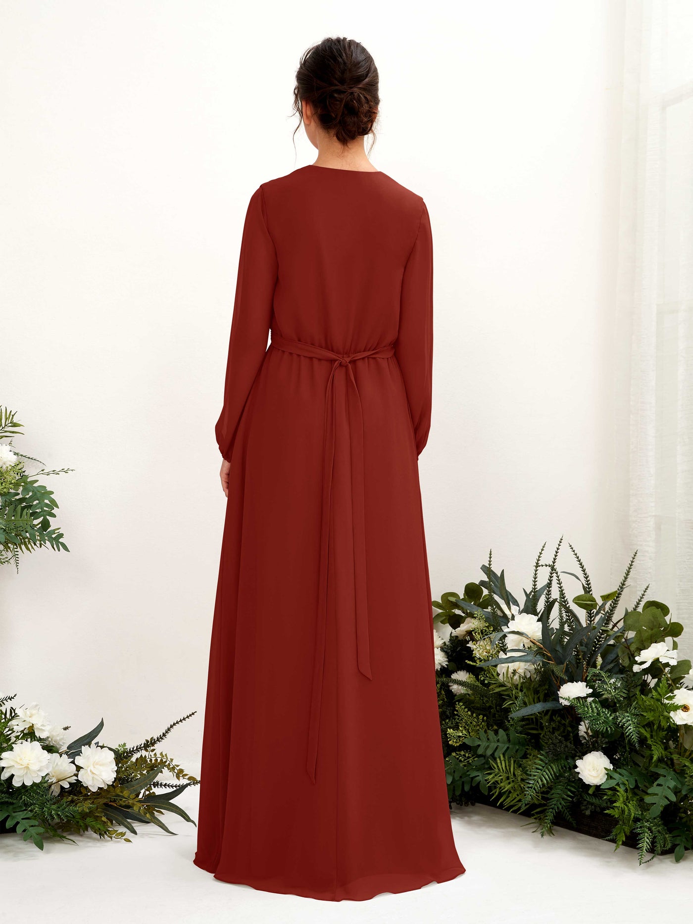 V-neck Long Sleeves Chiffon Bridesmaid Dress - Rust (81223219)#color_rust