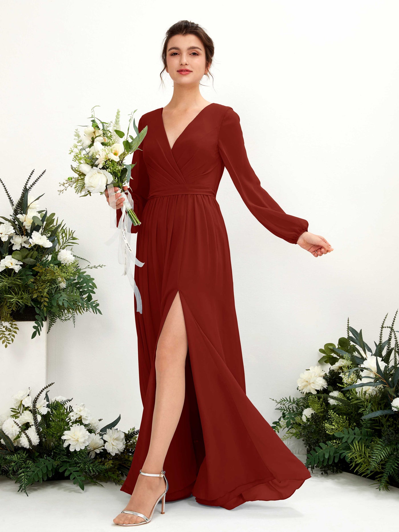 V-neck Long Sleeves Chiffon Bridesmaid Dress - Rust (81223819)#color_rust