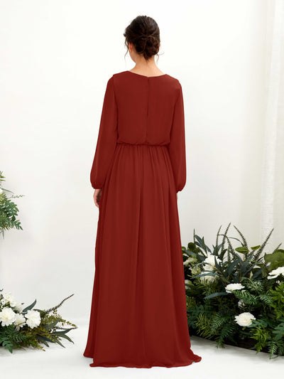 Carlyna Ginny A-Line Rust Bridesmaid Dress Maxi Long Sleeve V-Neck Back View #color_rust