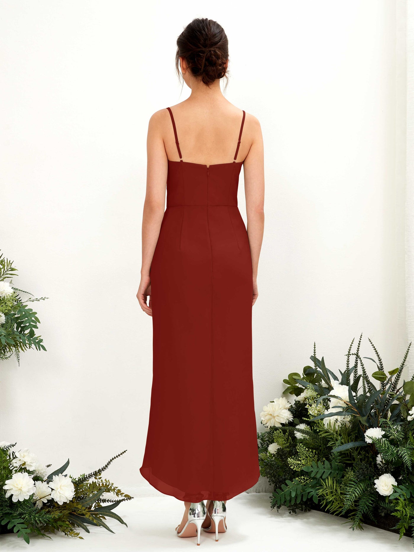 Spaghetti-straps V-neck Sleeveless Chiffon Bridesmaid Dress - Rust (81221319)#color_rust