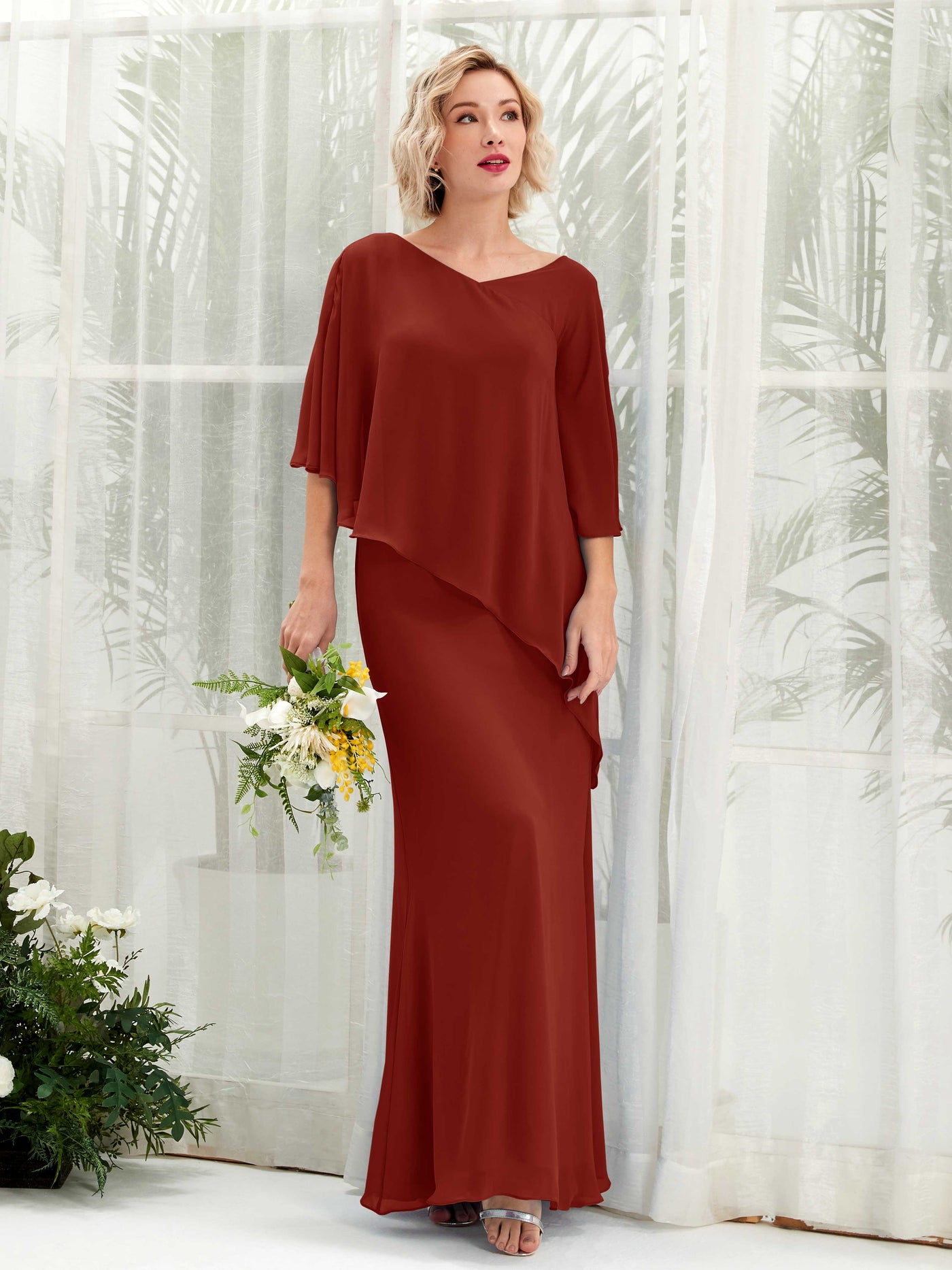 V-neck 3/4 Sleeves Chiffon Bridesmaid Dress - Rust (81222519)#color_rust