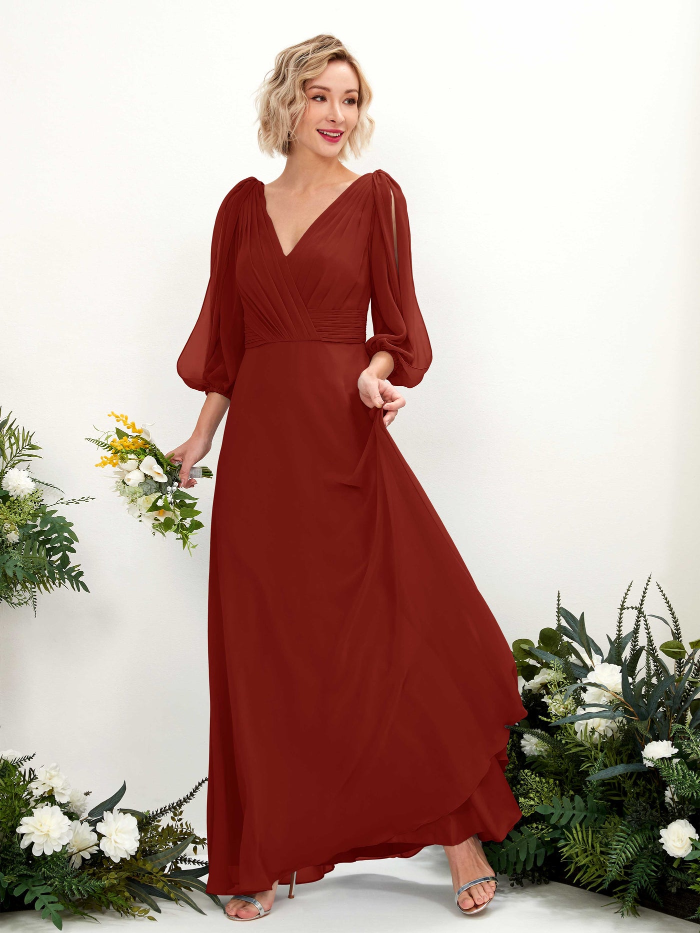 V-neck 3/4 Sleeves Chiffon Bridesmaid Dress - Rust (81223519)#color_rust