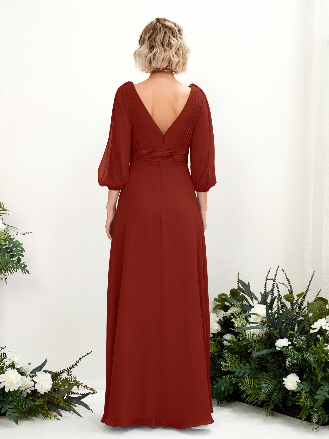 V-neck 3/4 Sleeves Chiffon Bridesmaid Dress - Rust (81223519)#color_rust