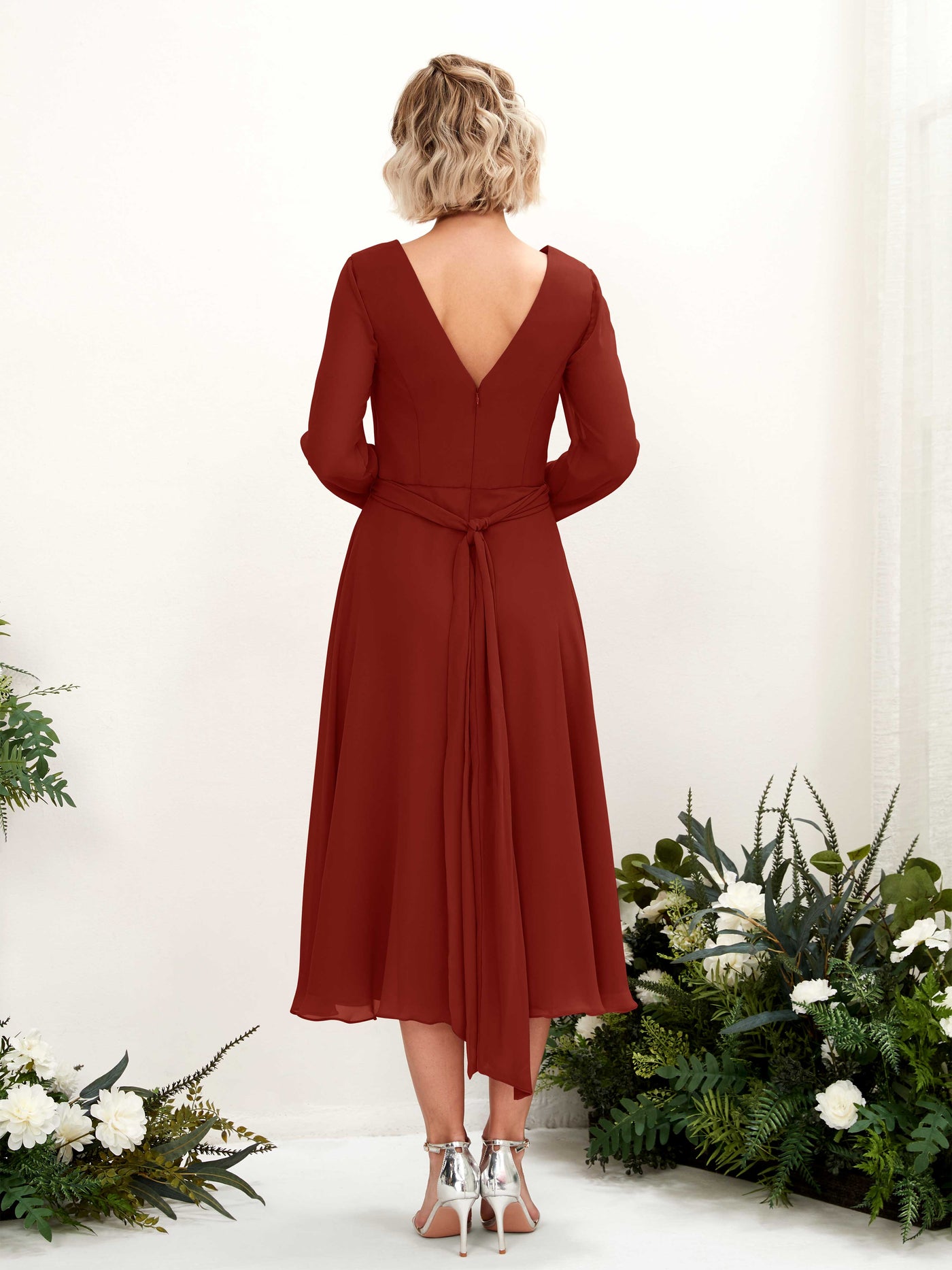 V-neck Long Sleeves Chiffon Bridesmaid Dress - Rust (81223319)#color_rust