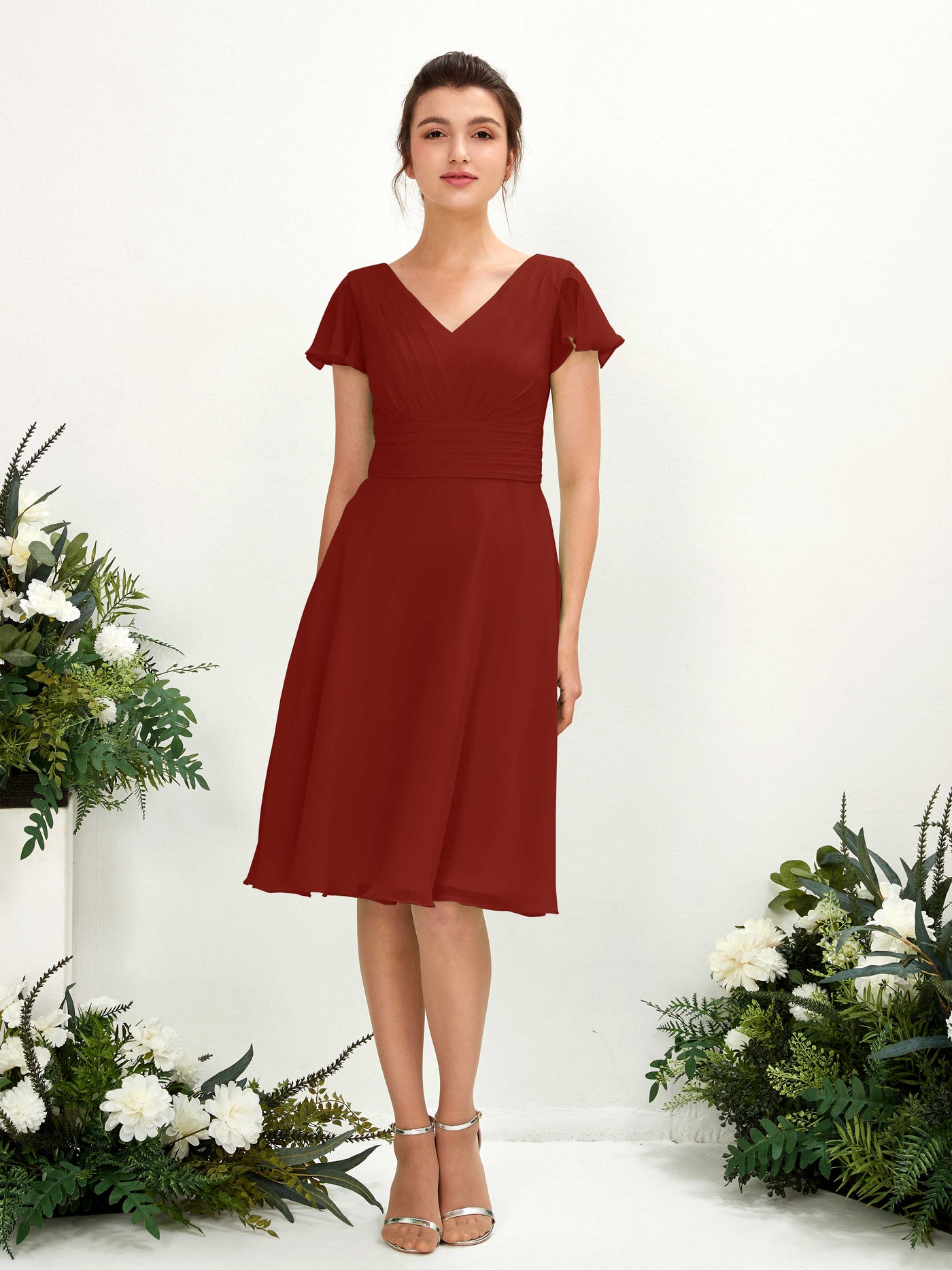 V-neck Short Sleeves Chiffon Bridesmaid Dress - Rust (81220219)#color_rust