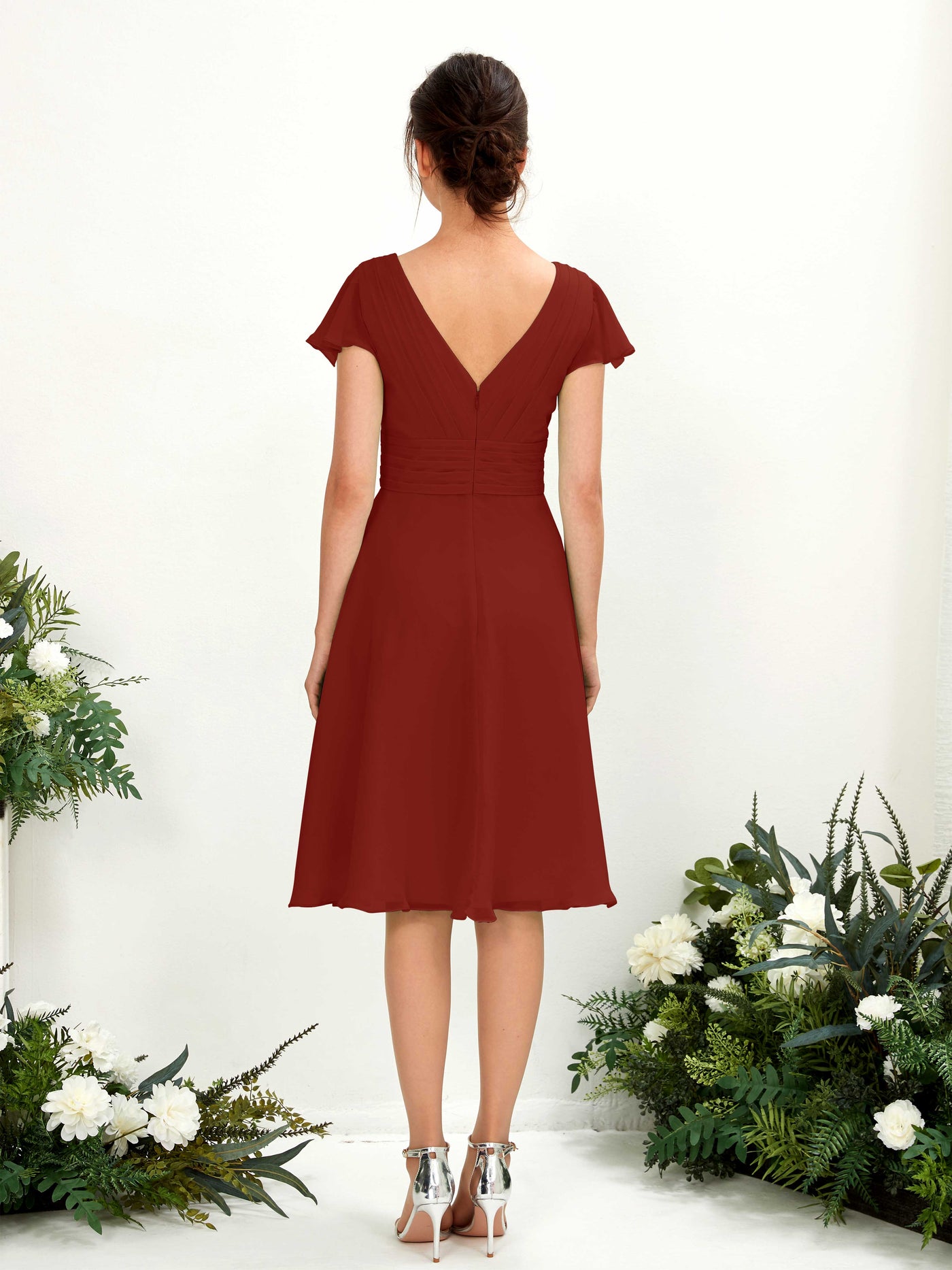 V-neck Short Sleeves Chiffon Bridesmaid Dress - Rust (81220219)#color_rust