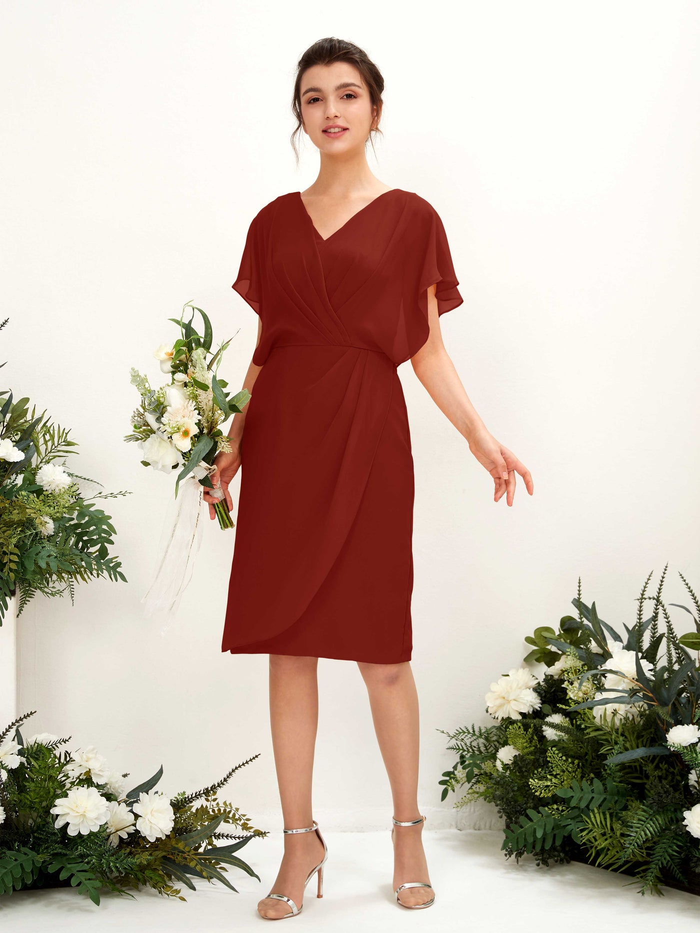V-neck Short Sleeves Chiffon Bridesmaid Dress - Rust (81222219)#color_rust