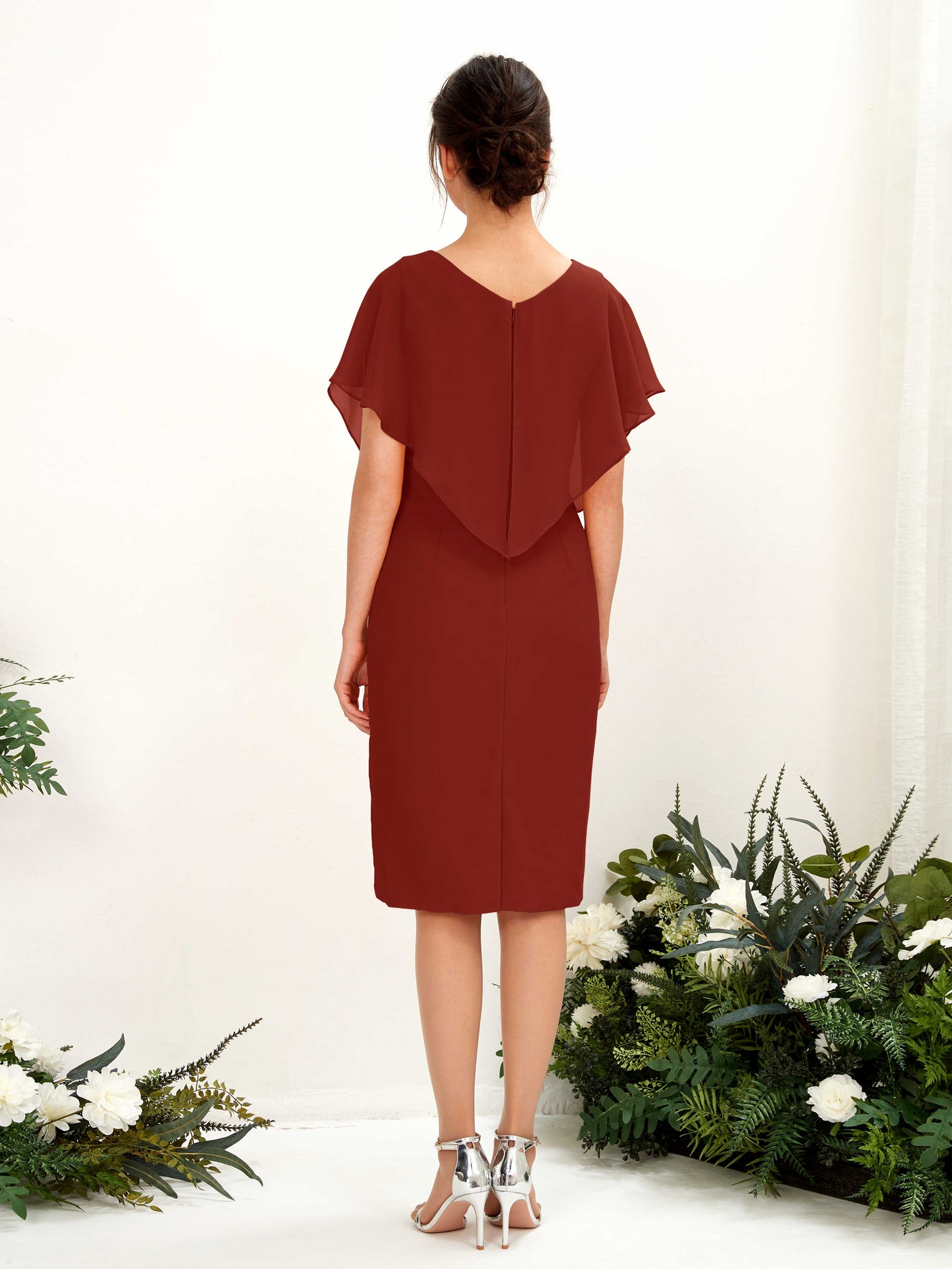 V-neck Short Sleeves Chiffon Bridesmaid Dress - Rust (81222219)#color_rust