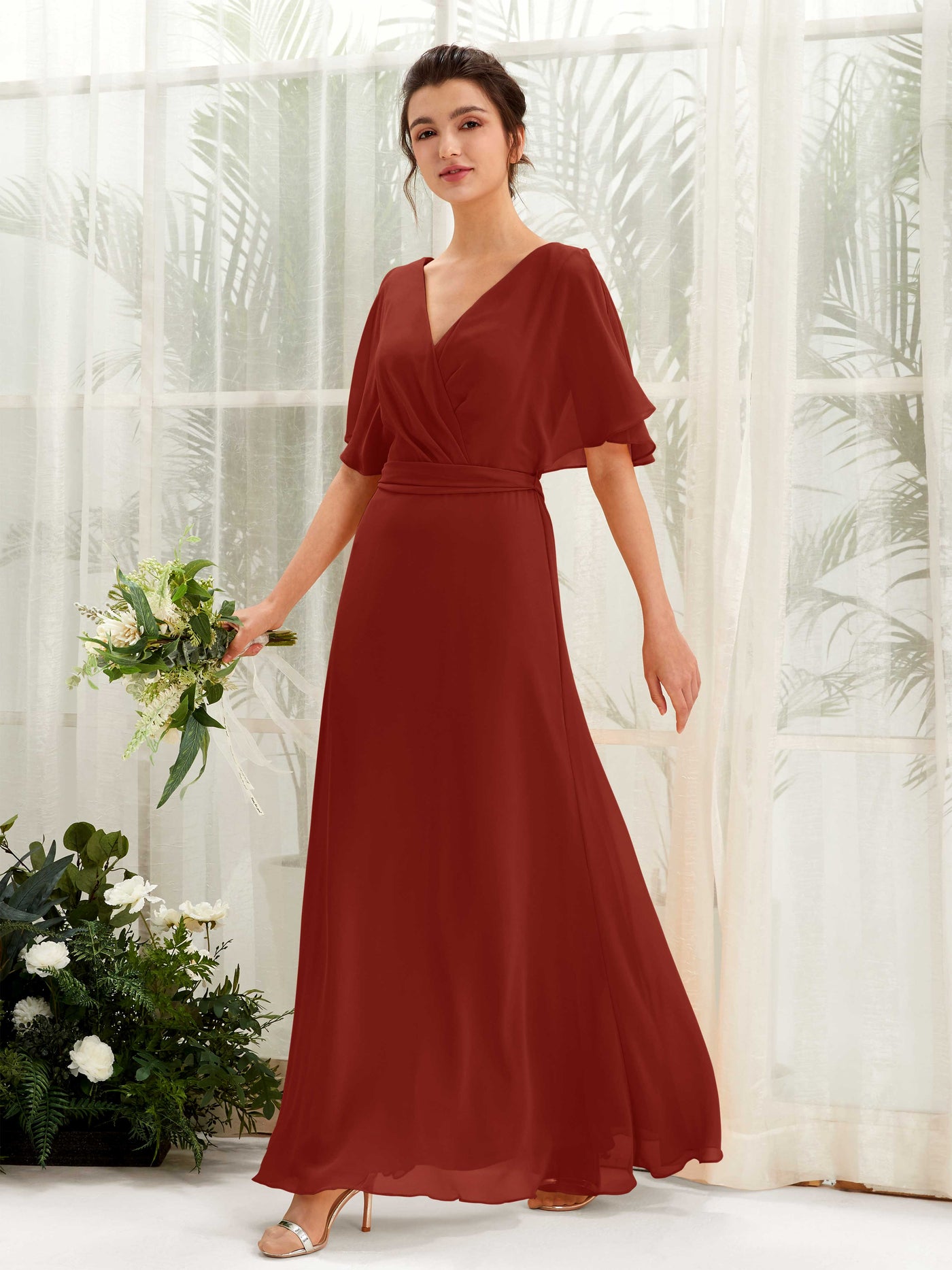 V-neck Short Sleeves Chiffon Bridesmaid Dress - Rust (81222419)#color_rust