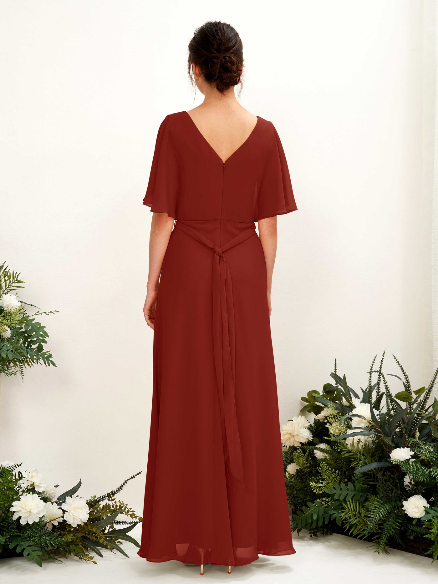 V-neck Short Sleeves Chiffon Bridesmaid Dress - Rust (81222419)#color_rust