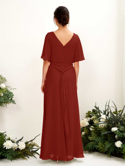 Carlyna Merta A-Line Rust Bridesmaid Dress Maxi Short Sleeve V-Neck Dress #color_rust