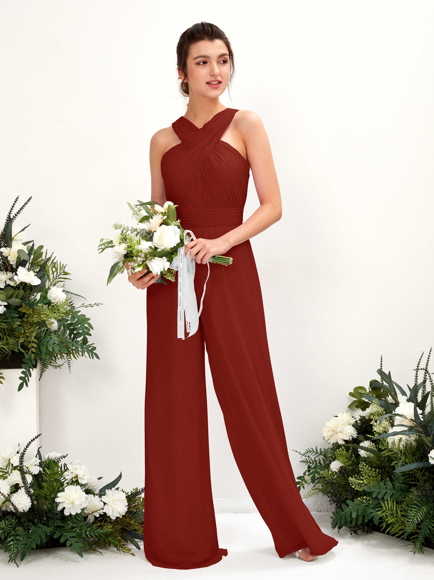 V-neck Sleeveless Chiffon Bridesmaid Dress Wide-Leg Jumpsuit - Rust (81220719)#color_rust