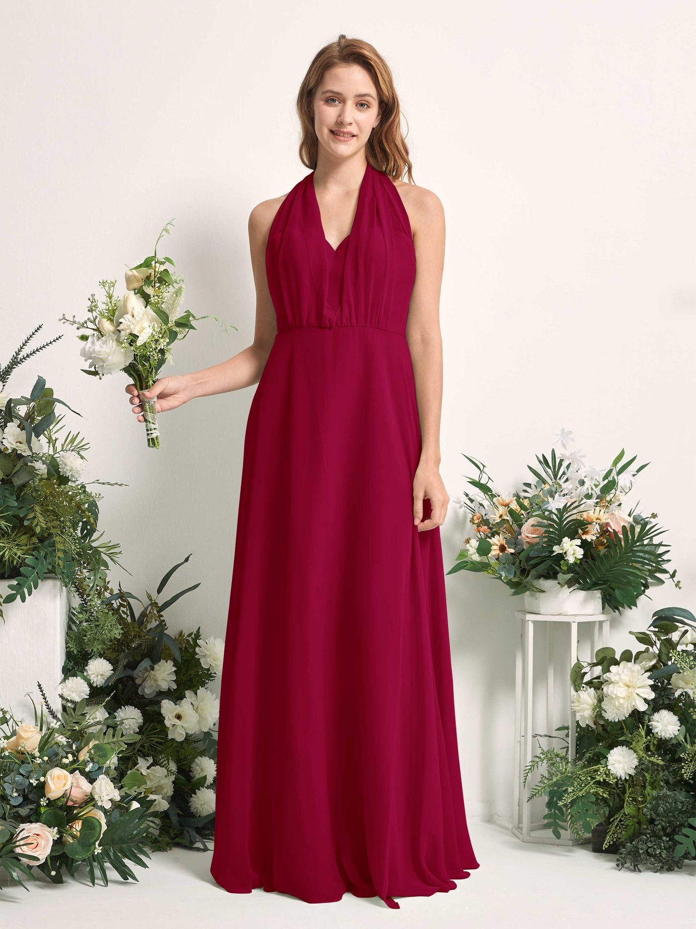 Bridesmaid Dress A-line Chiffon Halter Full Length Short Sleeves Wedding Party Dress - Jester Red (81226341)#color_jester-red