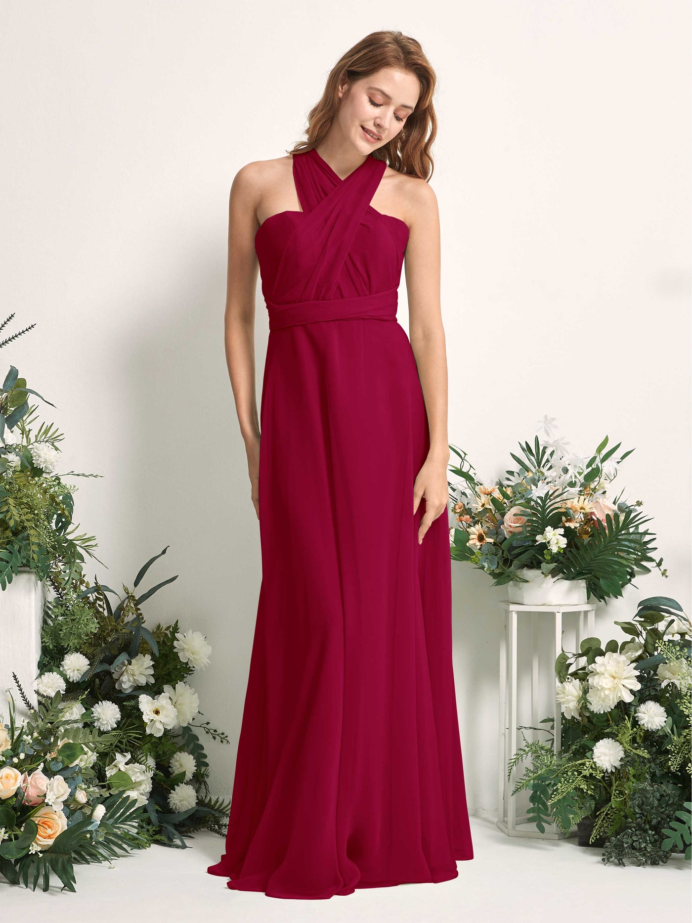 Bridesmaid Dress A-line Chiffon Halter Full Length Short Sleeves Wedding Party Dress - Jester Red (81226341)#color_jester-red