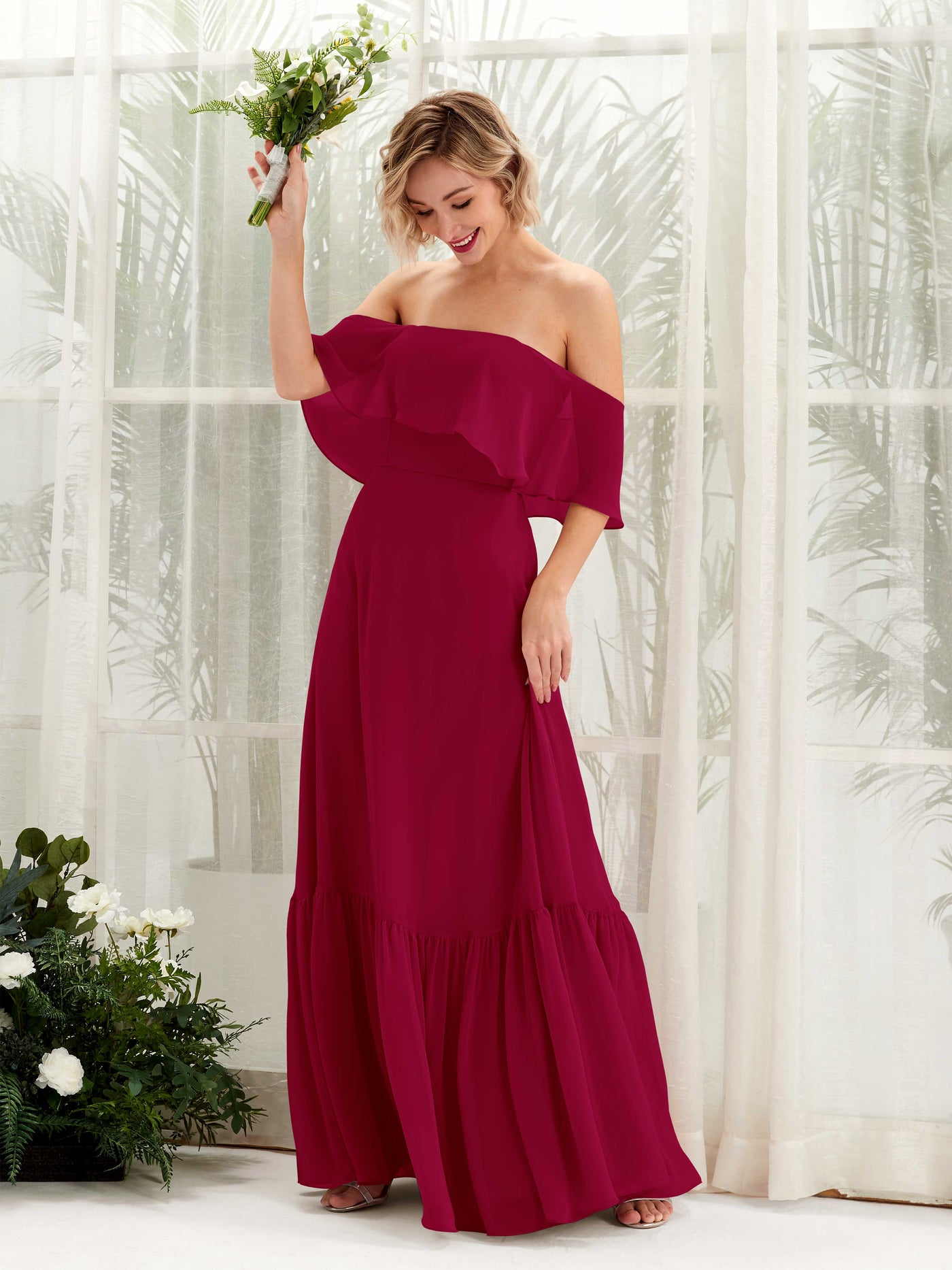 A-line Off Shoulder Chiffon Bridesmaid Dress - Jester Red (81224541)#color_jester-red