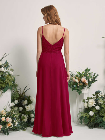 Carlyna Gail A-Line Jester Red Beaded Bridesmaid Dress Maxi Sleeveless V-Neck Dress Back View #color_jester-red