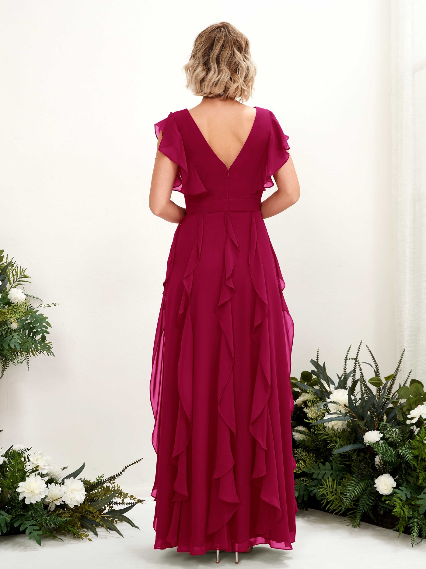 A-line V-neck Short Sleeves Chiffon Bridesmaid Dress - Jester Red (81226041)#color_jester-red