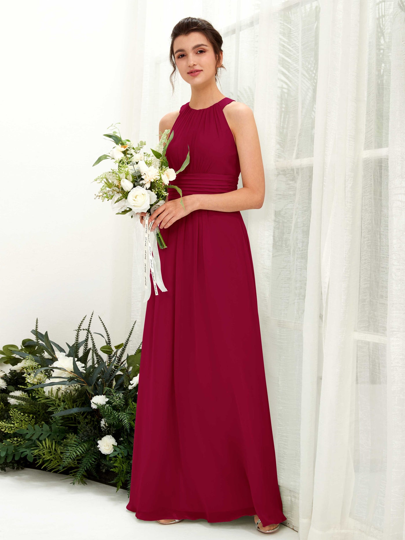 A-line Round Sleeveless Chiffon Bridesmaid Dress - Jester Red (81221541)#color_jester-red