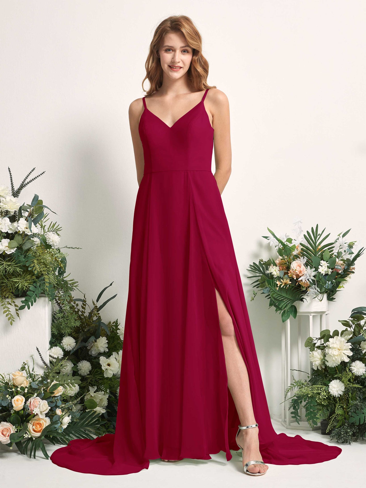 Bridesmaid Dress A-line Chiffon Spaghetti-straps Full Length Sleeveless Wedding Party Dress - Jester Red (81227741)#color_jester-red