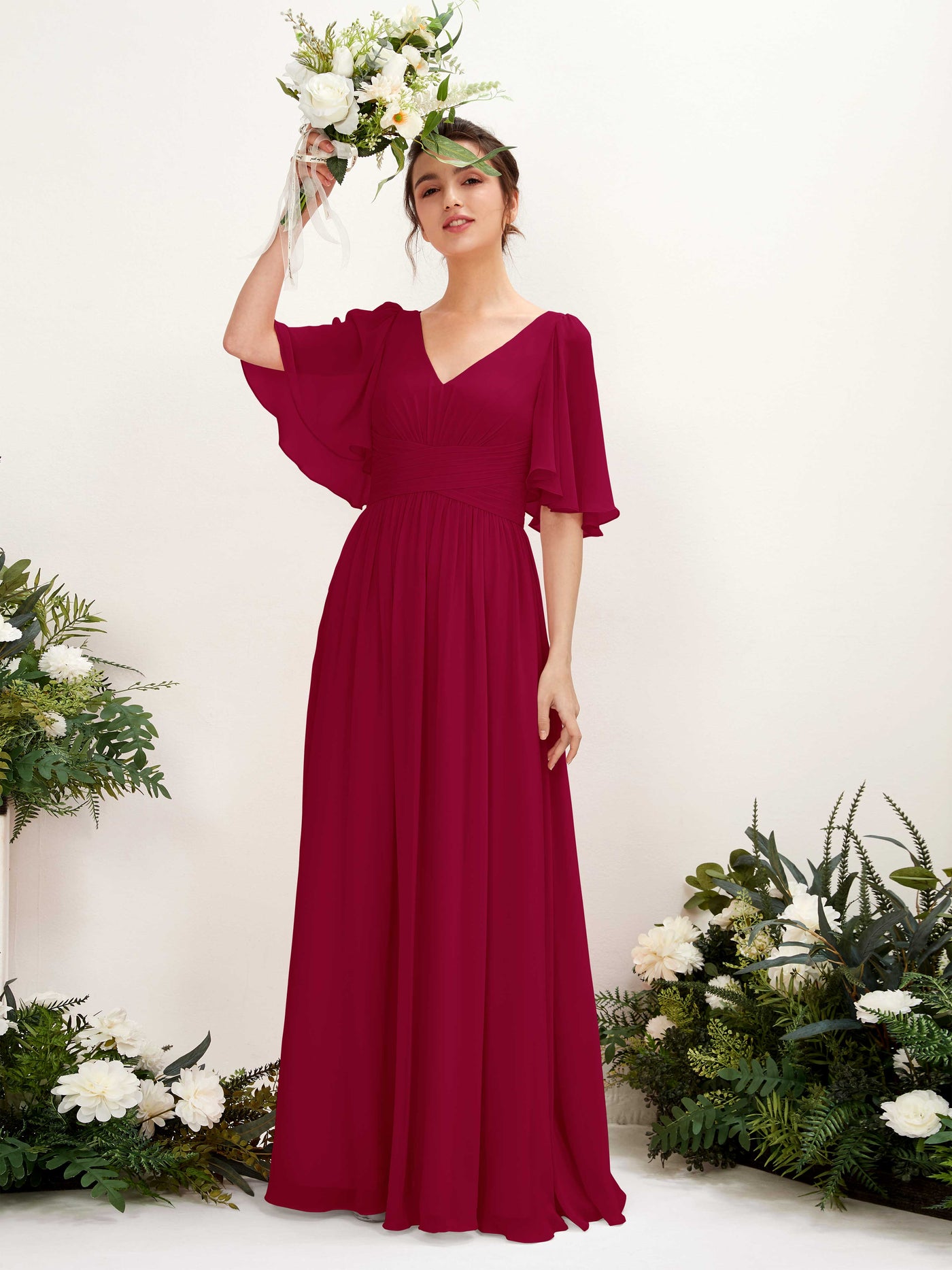 A-line V-neck 1/2 Sleeves Chiffon Bridesmaid Dress - Jester Red (81221641)#color_jester-red