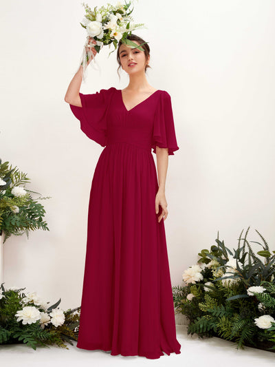 Carlyna Odette A-Line Jester Red Bridesmaid Dress Maxi Short Sleeve V-Neck Dress #color_jester-red