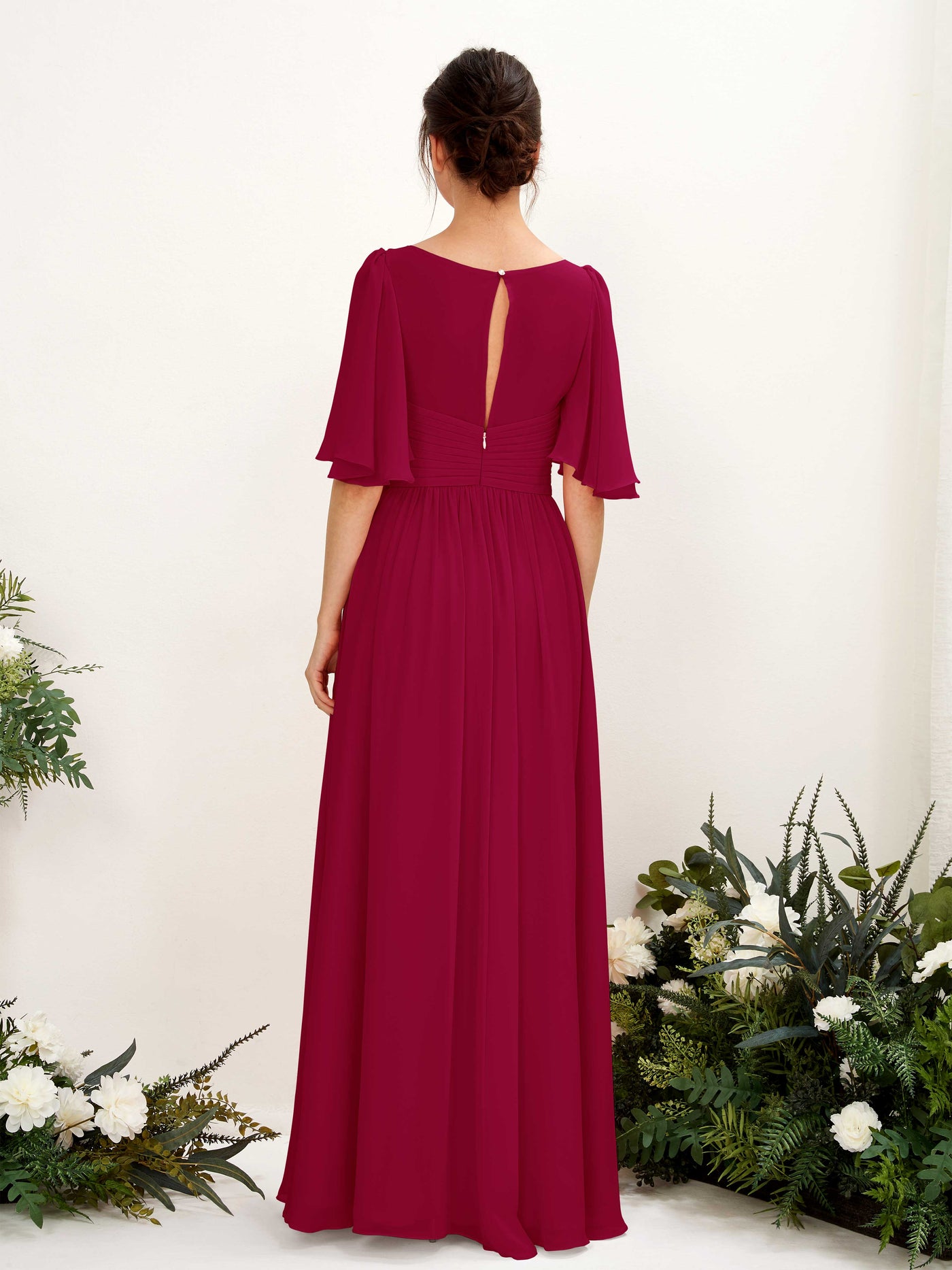 A-line V-neck 1/2 Sleeves Chiffon Bridesmaid Dress - Jester Red (81221641)#color_jester-red