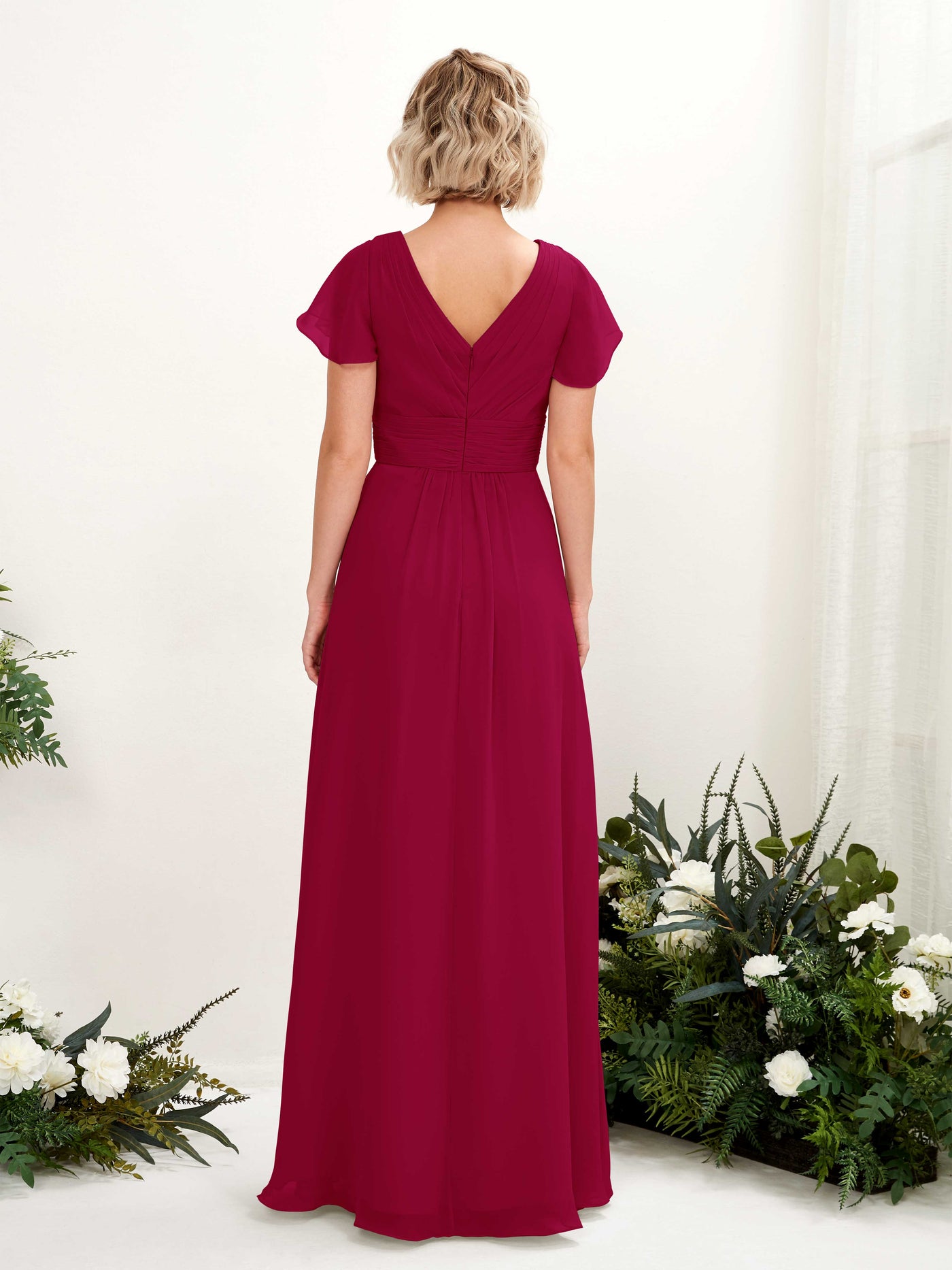 A-line V-neck Cap Sleeves Chiffon Bridesmaid Dress - Jester Red (81224341)#color_jester-red