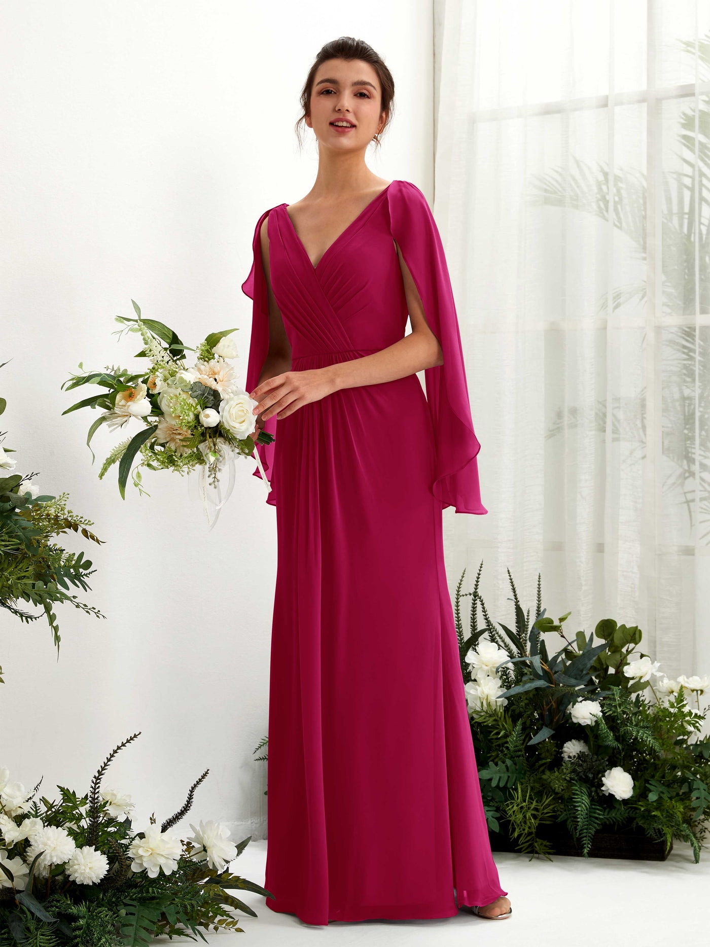 A-line V-neck Chiffon Bridesmaid Dress - Jester Red (80220141)#color_jester-red