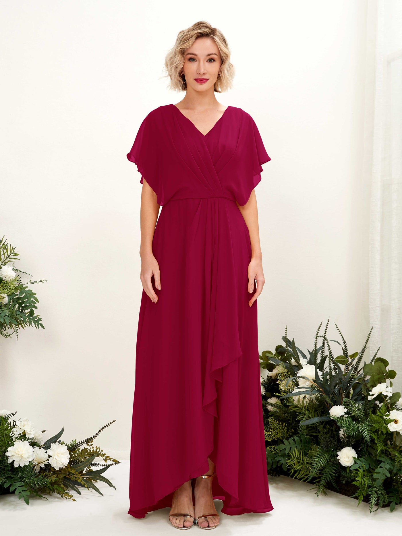 A-line V-neck Short Sleeves Chiffon Bridesmaid Dress - Jester Red (81222141)#color_jester-red