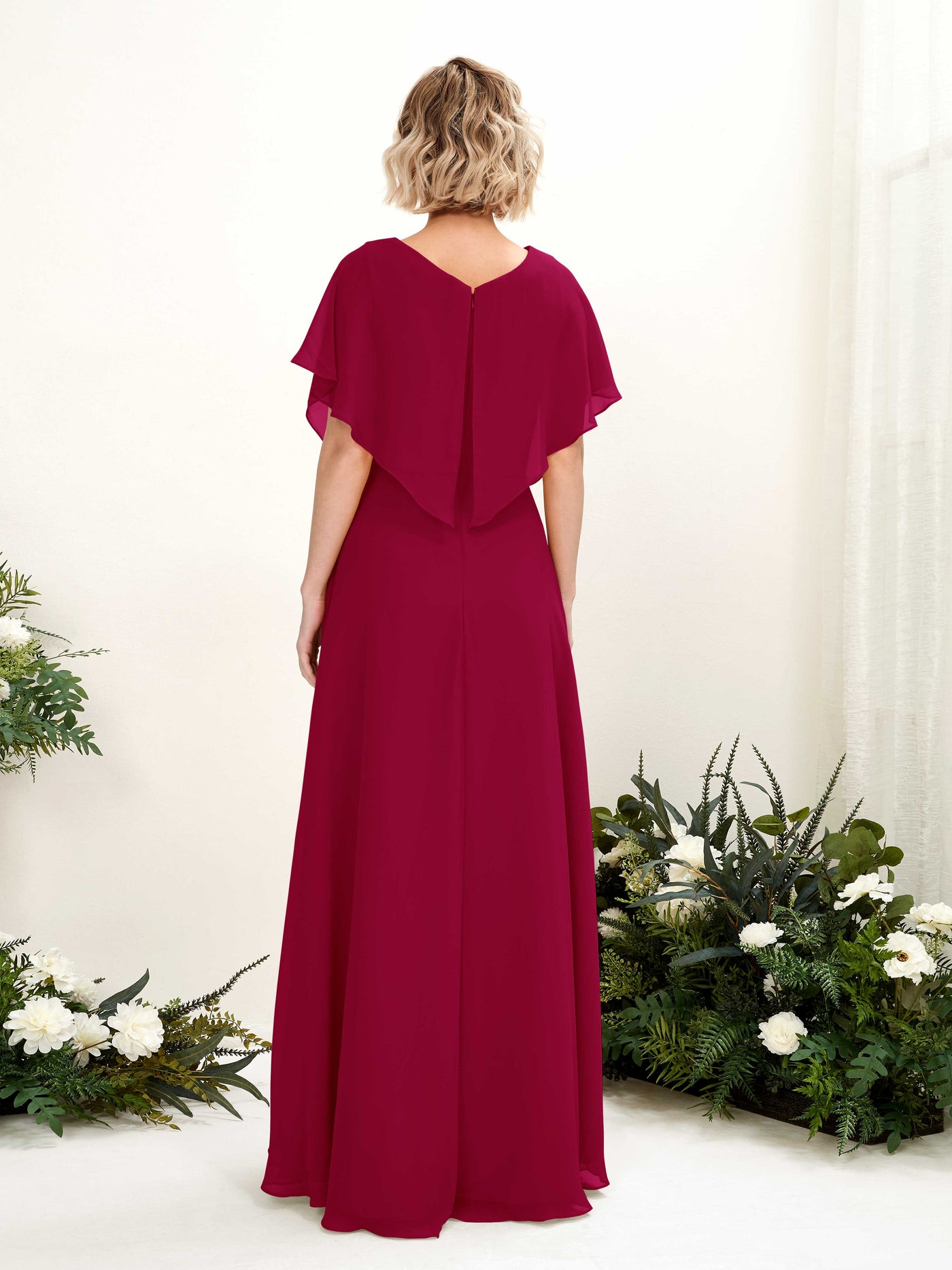 A-line V-neck Short Sleeves Chiffon Bridesmaid Dress - Jester Red (81222141)#color_jester-red