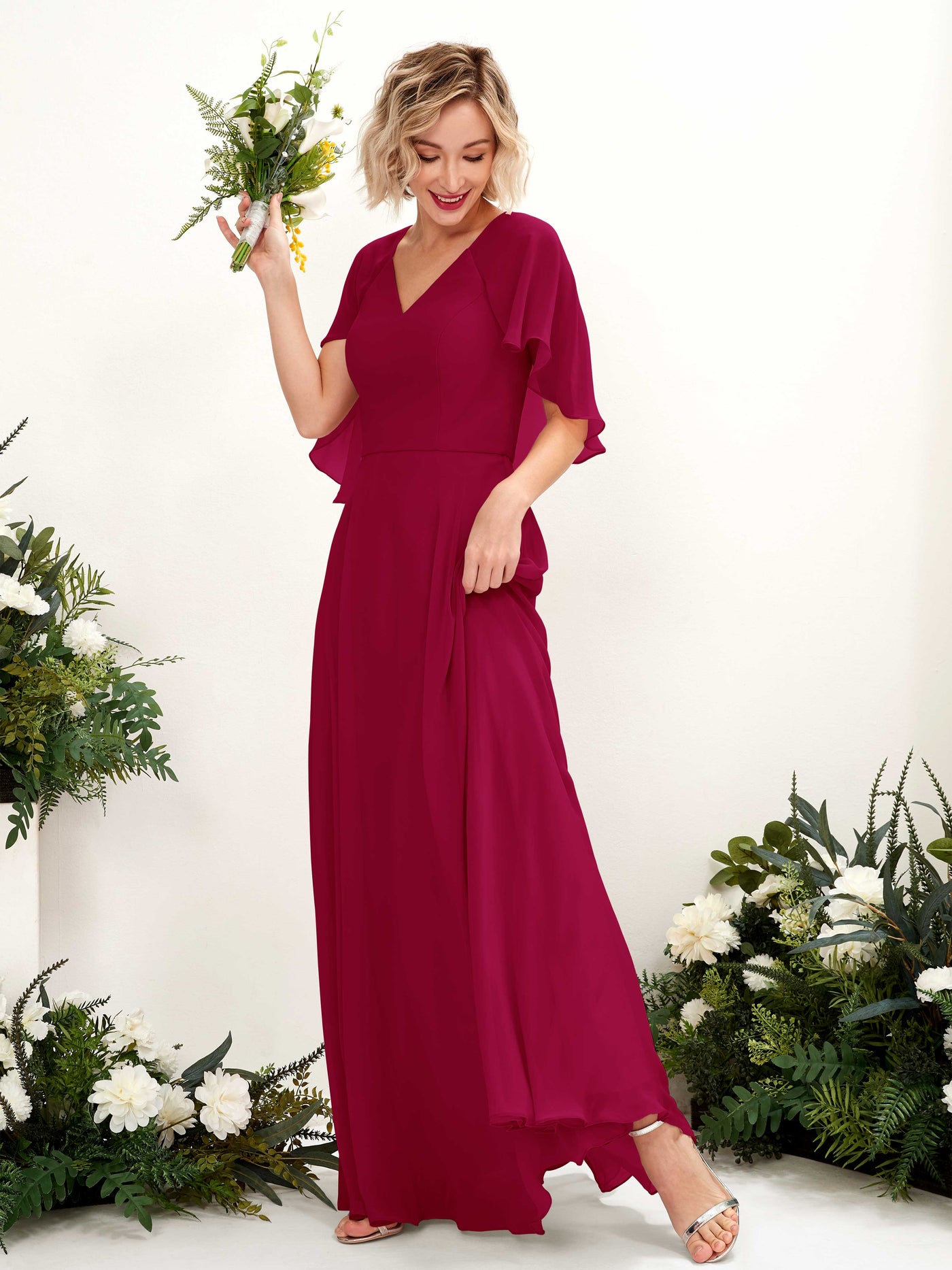 A-line V-neck Short Sleeves Chiffon Bridesmaid Dress - Jester Red (81224441)#color_jester-red