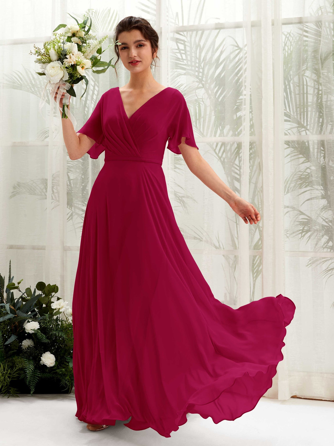 A-line V-neck Short Sleeves Chiffon Bridesmaid Dress - Jester Red (81224641)#color_jester-red