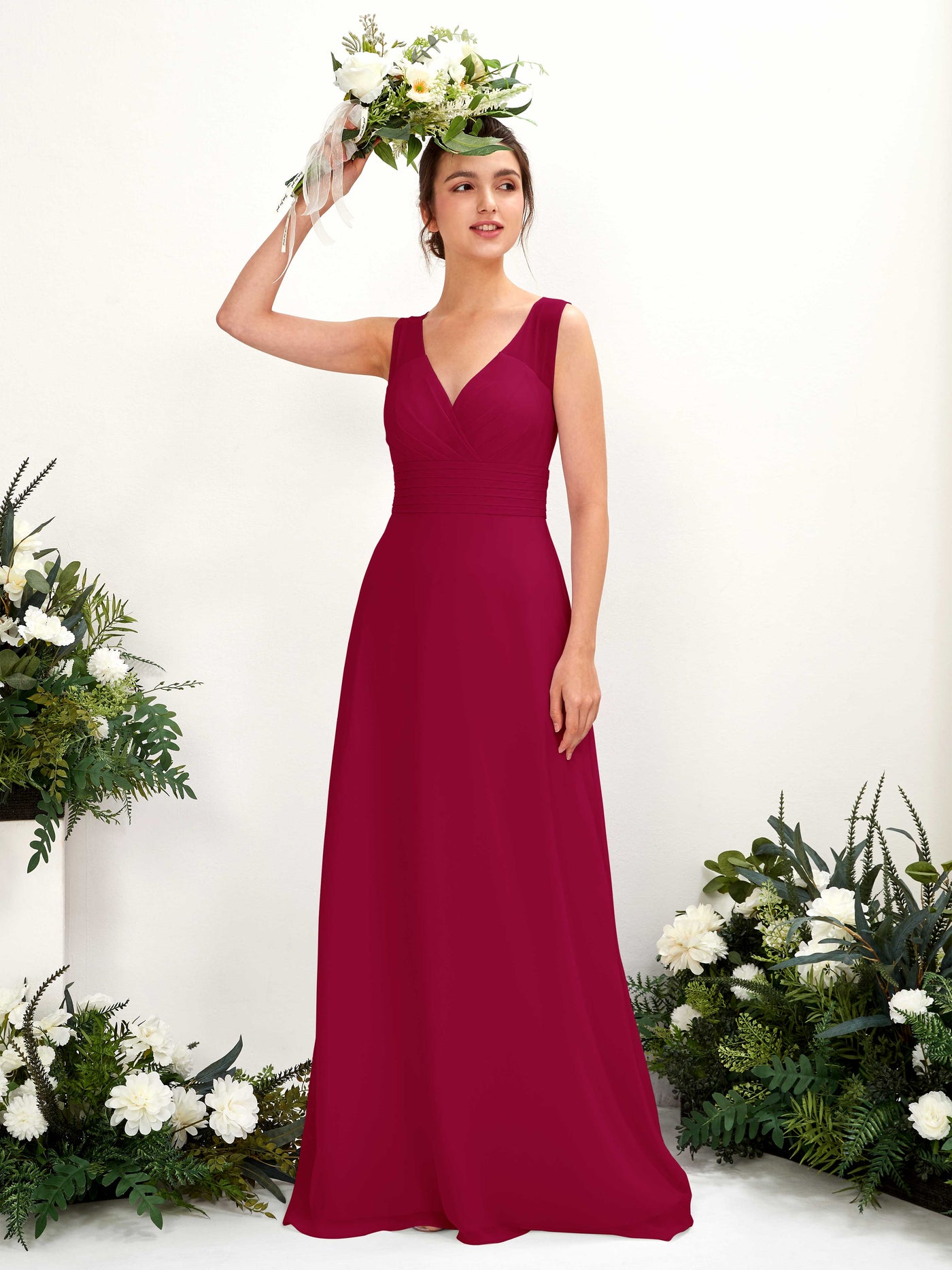 A-line V-neck Sleeveless Chiffon Bridesmaid Dress - Jester Red (81220941)#color_jester-red