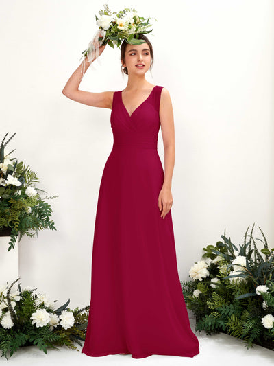 Carlyna Karen A-Line Jester Red Bridesmaid Dress Maxi Sleeveless V-Neck Dress #color_jester-red
