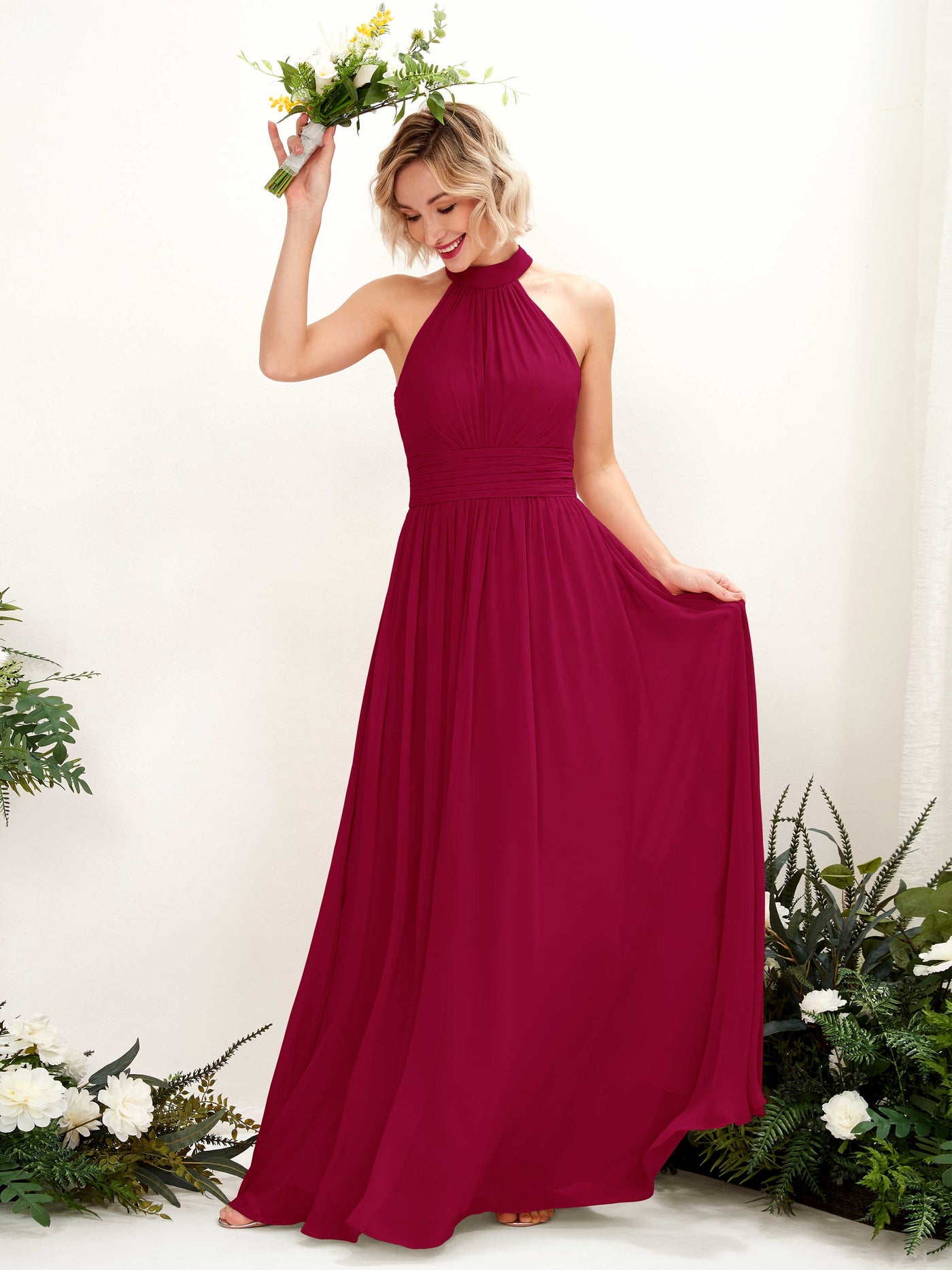 Ball Gown Halter Sleeveless Chiffon Bridesmaid Dress - Jester Red (81225341)#color_jester-red