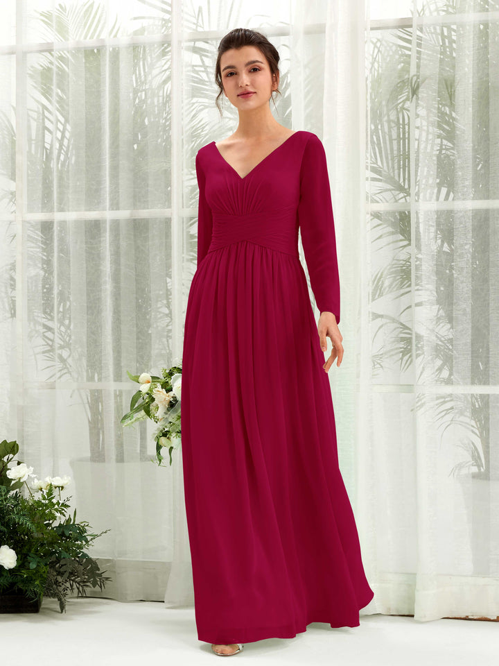 Ball Gown V-neck Long Sleeves Chiffon Bridesmaid Dress - Jester Red (81220341)