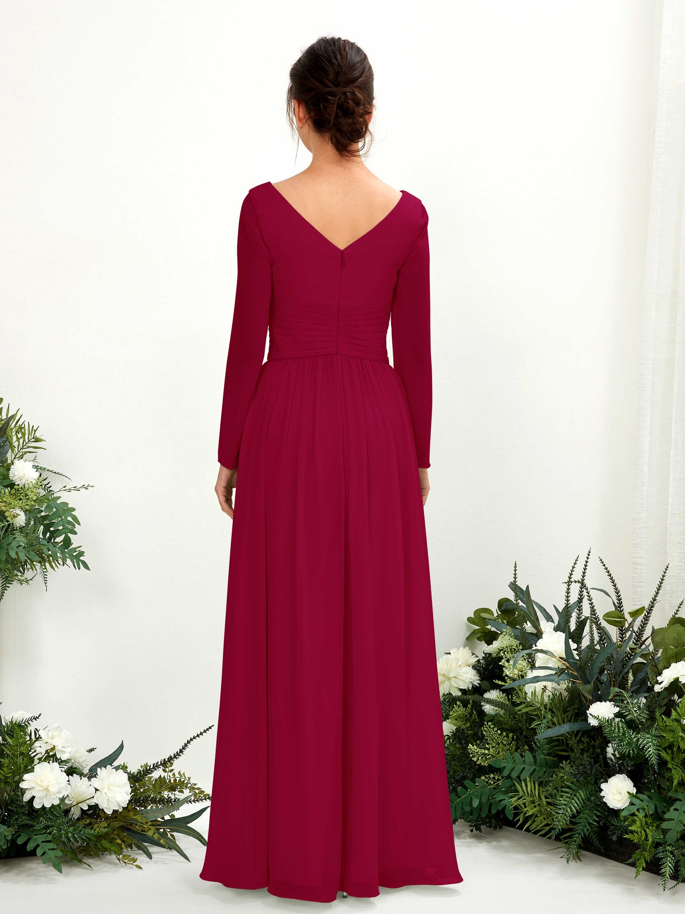 Ball Gown V-neck Long Sleeves Chiffon Bridesmaid Dress - Jester Red (81220341)#color_jester-red