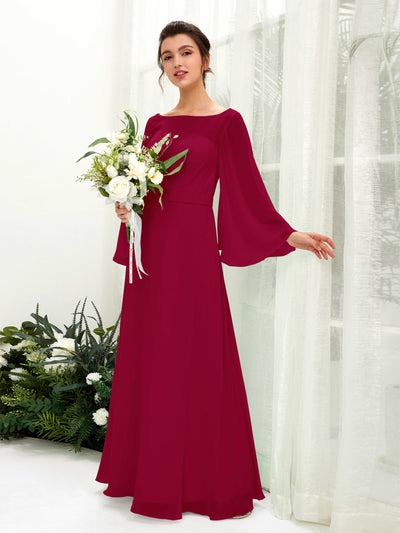 Carlyna Elie A-Line Jester Red Bridesmaid Dress Maxi Long Sleeve Boat Neck Front View #color_jester-red