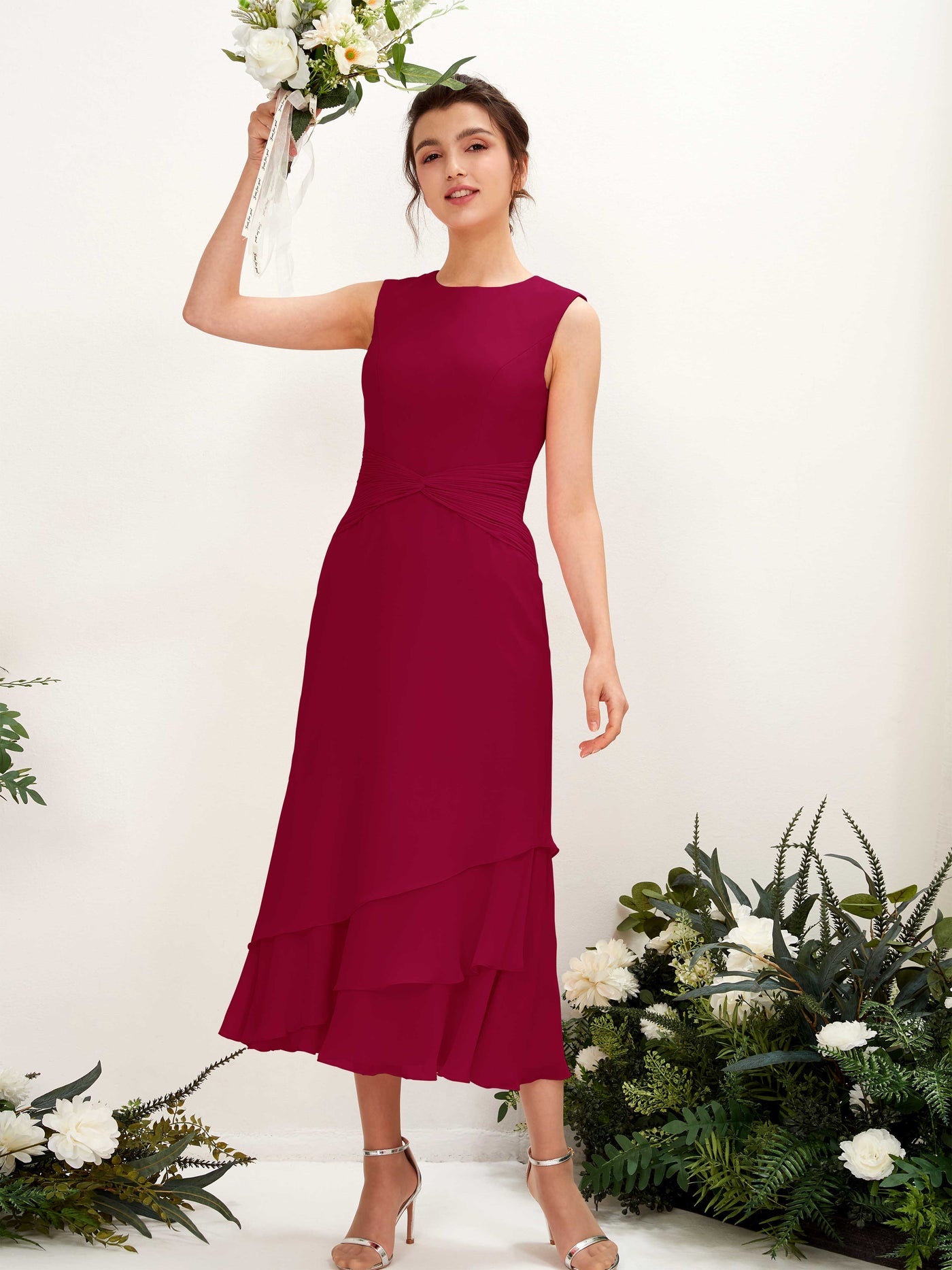 Mermaid/Trumpet Round Sleeveless Chiffon Bridesmaid Dress - Jester Red (81221941)#color_jester-red